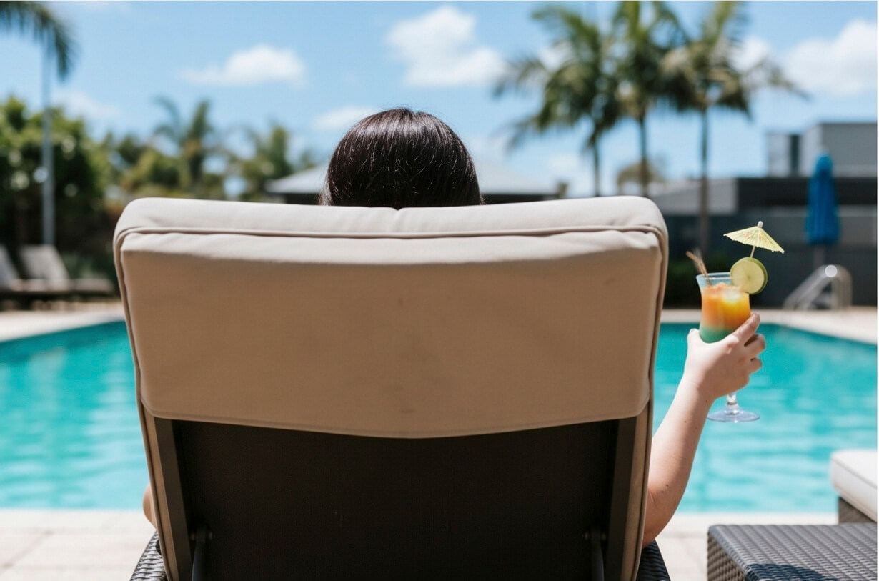Business Owner poolside taking time off